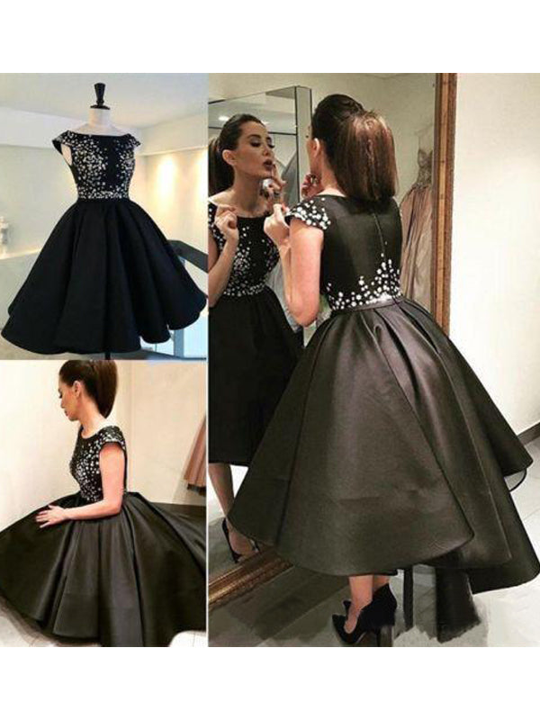 2024 Ball Gown Scoop Neck Cap Sleeve Satin Homecoming Dresses Lorelei Beaded High Low Tea-Length