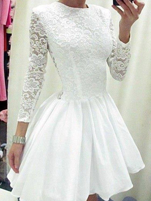 2024 A-Line Jewel Lace Sandra Homecoming Dresses Neck Long Sleeve Cut Short/Mini