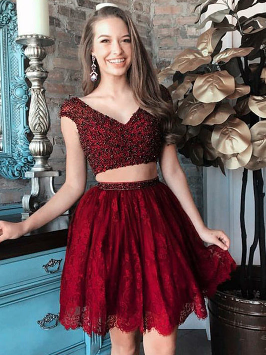 2024 A-Line V Neck Cap Homecoming Dresses Kristina Lace Sleeve Two Piece Beading Cut Short/Mini