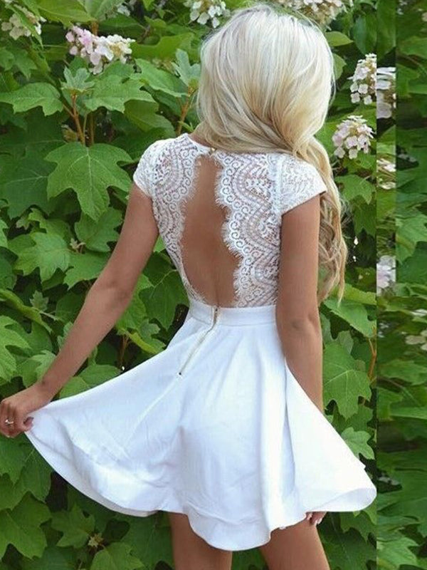 2024 Kaylin Lace Homecoming Dresses A-Line V Neck Cap Sleeve Cut Out Back Cut Short/Mini