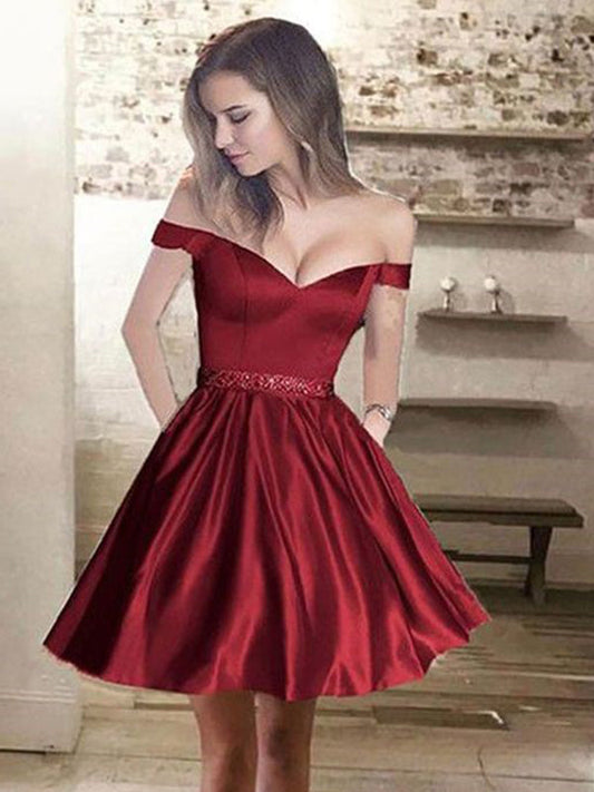 2024 A-Line Sweetheart Off-The-Shoulder Sanai Satin Homecoming Dresses Beading Cut Short/Mini