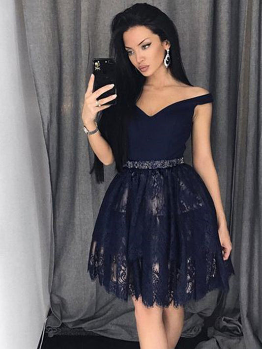 2024 Ball Gown Sweetheart Lace Homecoming Dresses Kaelyn Off-The-Shoulder Beading Cut Short/Mini