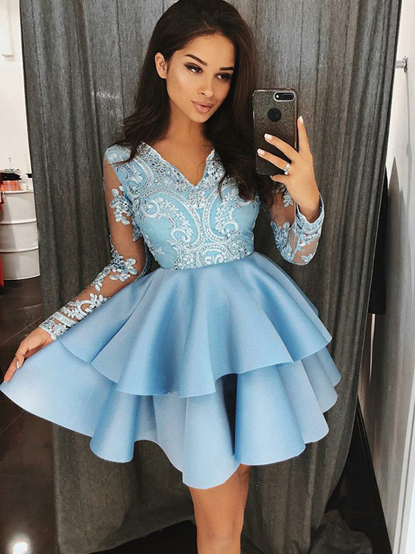 Lindsey Homecoming Dresses 2024 Ball Gown V Neck Long Sleeve Applique Beading Layers Cut Short/Mini