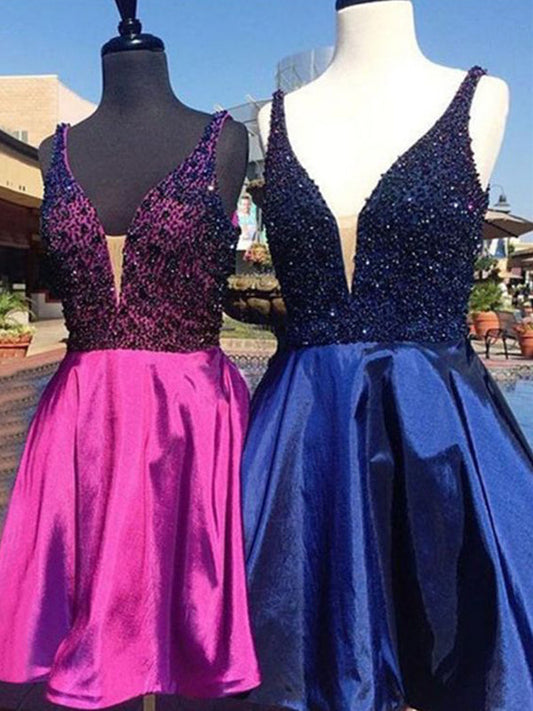 2024 Jamiya Homecoming Dresses Satin A-Line V Neck Sleeveless Beading Cut Short/Mini