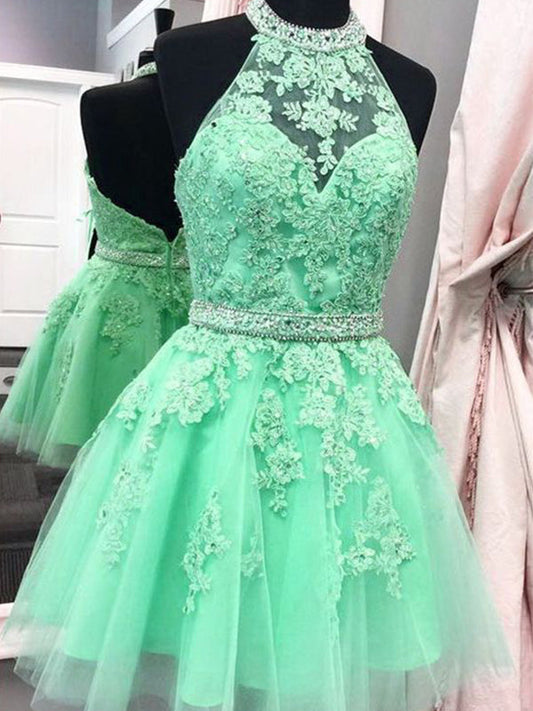 2024 Ball Gown Halter Sleeveless Applique Beaded Winifred Homecoming Dresses Tulle Cut Short/Mini