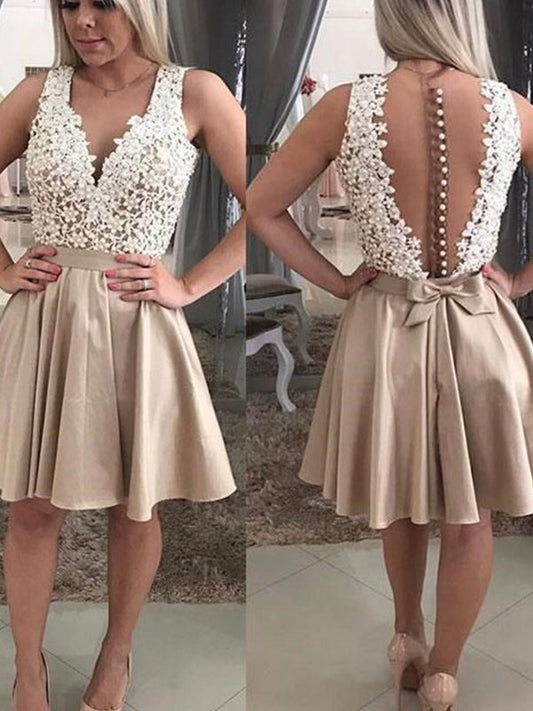 2024 A-Line V Kiana Homecoming Dresses Neck Sleeveless Applique Botton Bowknot Cut Short/Mini