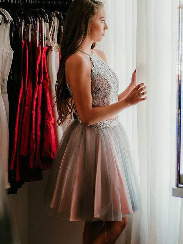 2024 Homecoming Dresses Paisley Ball Gown Two Piece Halter Sleeveless Applique Tulle Knee-Length