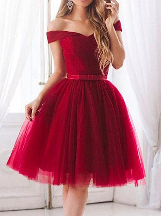 2024 Homecoming Dresses Mira Ball Gown Off-The-Shoulder Ruching Bowknot Tulle Knee-Length