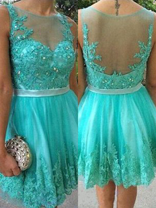 2024 A-Line Scoop Neck Sleeveless Homecoming Dresses Erin Applique Beading Tulle Cut Short/Mini