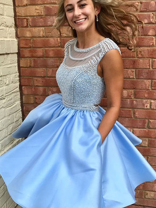 2024 A-Line Scoop Neck Sleeveless Beading Homecoming Dresses Aiyana Satin Pleated Cut Short/Mini