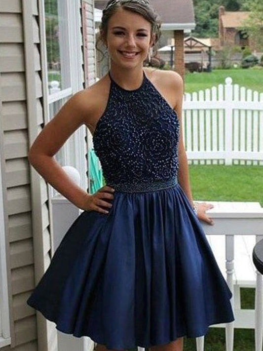 2024 Satin Athena Homecoming Dresses A-Line Halter Beading Pleated Cut Short/Mini