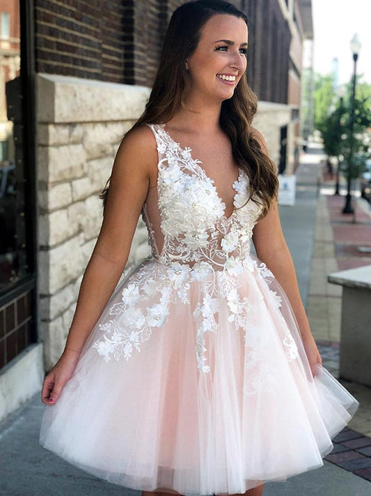 2024 Ball Gown V Neck Sleeveless Applique Beading Tulle Homecoming Dresses Pearl Cut Short/Mini