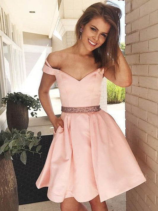 2024 A-Line Sweetheart Off-The-Shoulder Nancy Homecoming Dresses Beading Pleated Short/Mini