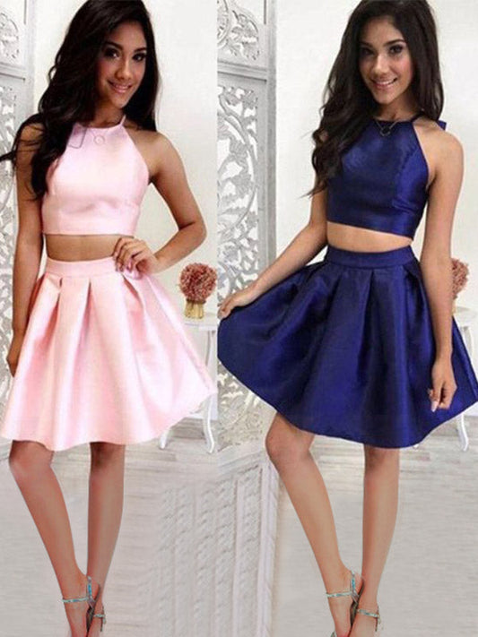 Two Adison Homecoming Dresses Satin Piece Halter Sleeveless Pleated Cut Short/Mini