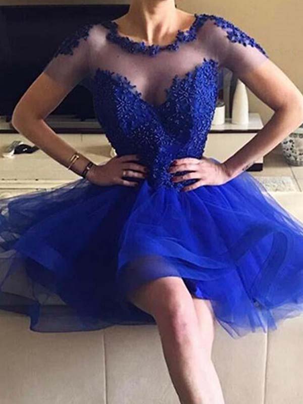 Ball Gown High Low Tiers Applique Beading Brianna Royal Blue Homecoming Dresses Scoop Neck Organza