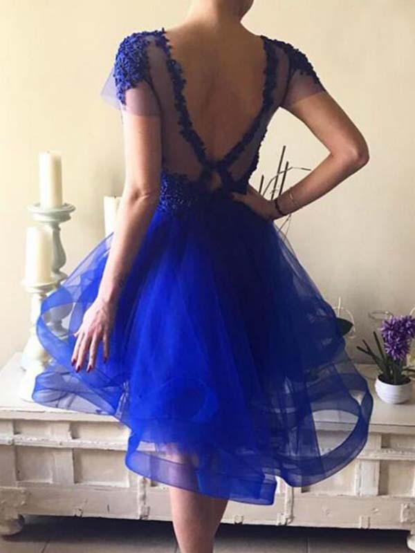 Ball Gown High Low Tiers Applique Beading Brianna Royal Blue Homecoming Dresses Scoop Neck Organza