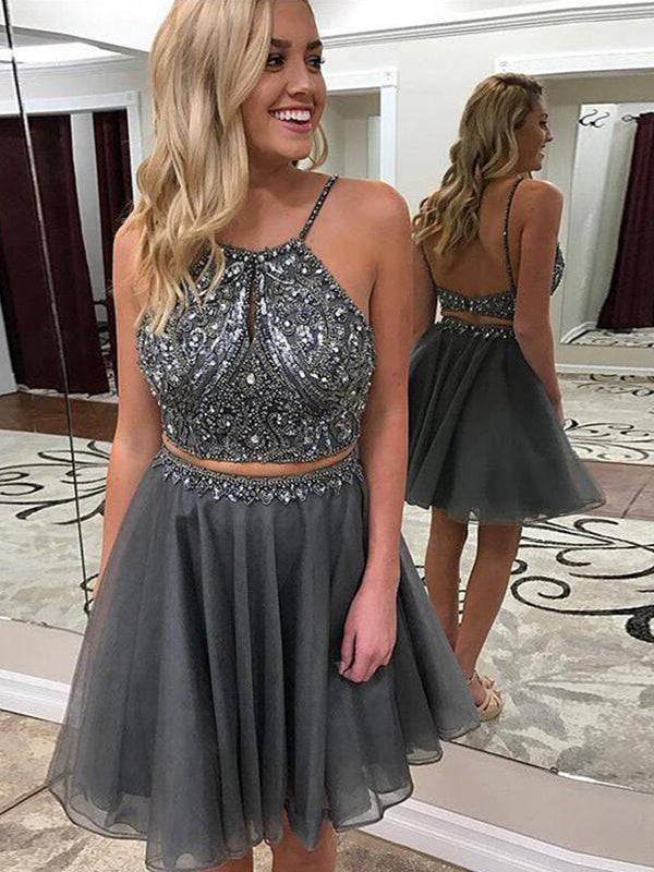 High Quality Light-Slate-Gray Halter Sleeveless Chiffon Homecoming Dresses Ivy Beading Backless Cut Short Mini