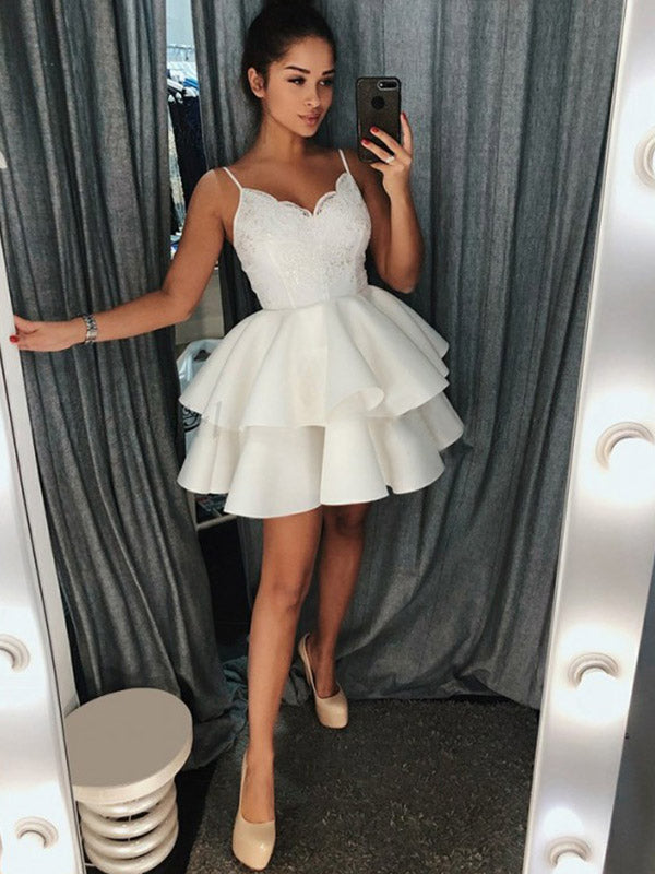 White Ball Gown Homecoming Dresses Lace Jaylynn Layers V Neck Sleeveless Straps Cut Shorts Mini