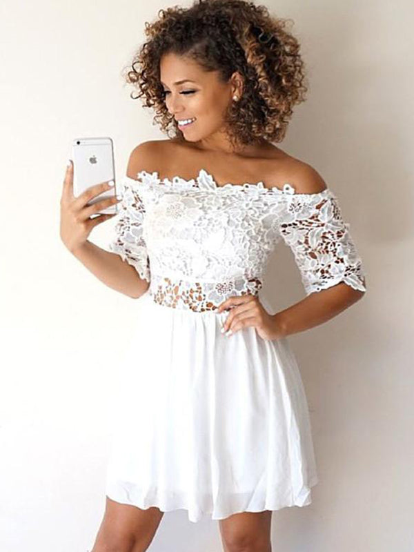 Homecoming Dresses Joselyn Lace White Off-The-Shoulder Half Sleeve Cut Shorts Mini