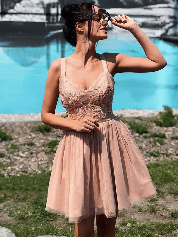 Dusty Rose Homecoming Dresses Sandy Cut Shorts Tulle V Neck Sleeveless Beading Applique High Quality