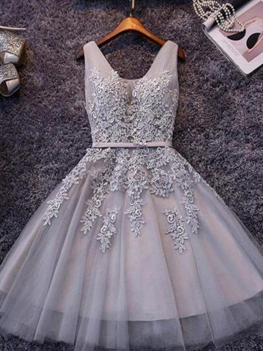 Tulle Sash/Ribbon/Belt Applique Beading V Daniella Lace Homecoming Dresses Neck Up Sleeveless