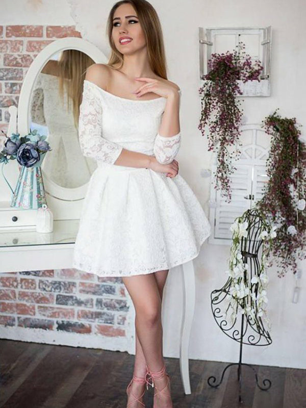 Ball Gown White 3/4 Sleeve Off-The-Shoulder Homecoming Dresses Rory Lace Cut Short/Mini