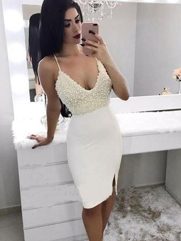 White Sheath/Column Pearls Homecoming Dresses Kiersten Split-Front Sleeveless V Neck Spaghetti Straps Knee-Length