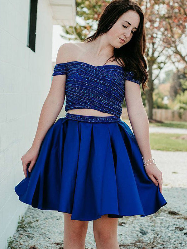 Homecoming Dresses Jazlene Royal Blue Off-The-Shoulder Beading Ball Gown Pleated Cut Short Mini