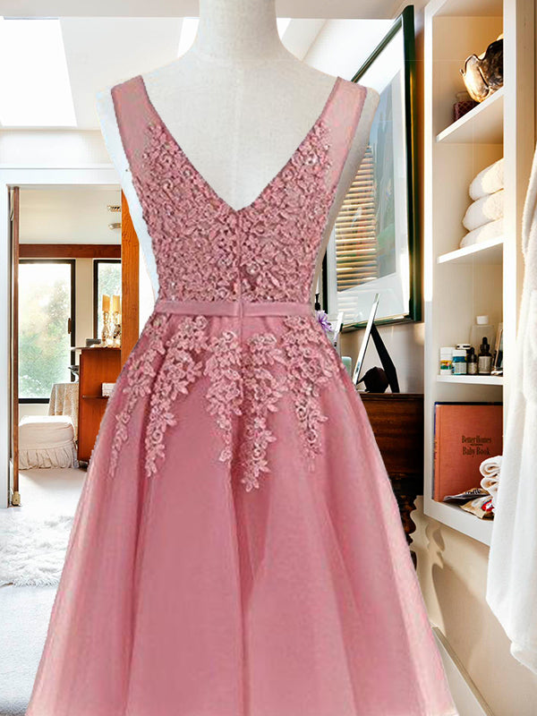 V Neck Wendy Homecoming Dresses Sleeveless Applique Tulle Beading