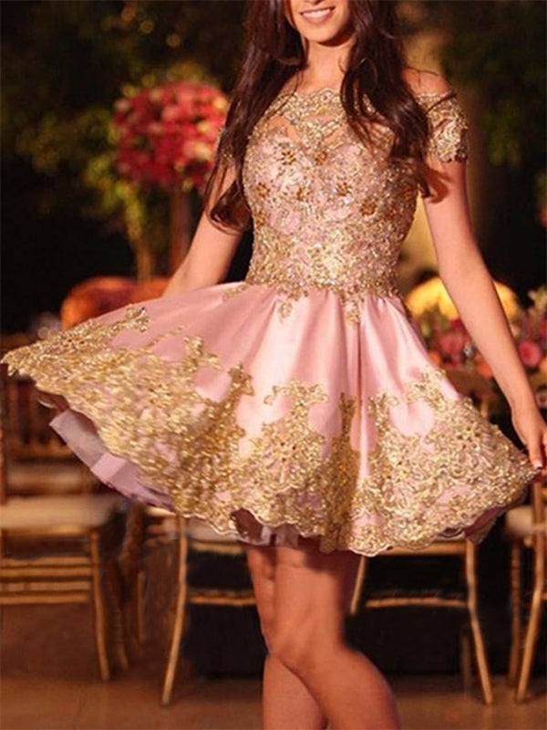 Charming Applique Beading Off-The-Shoulder Ava Homecoming Dresses Satin Cut Short/Mini