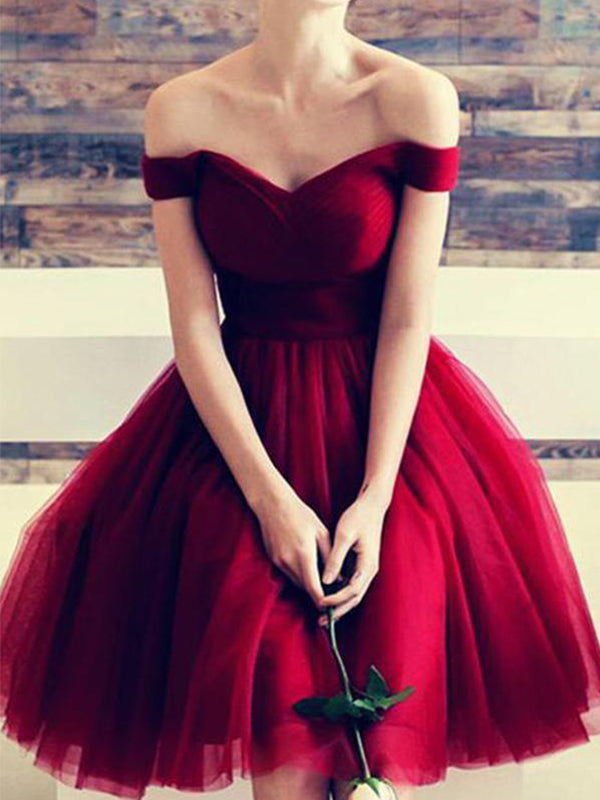 Knee-Length Tulle Off-The-Shoulder Sweetheart Homecoming Dresses Madelyn Burgundy