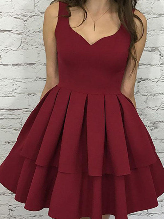 Burgundy Regina Homecoming Dresses V Neck Sleeveless Pleated Layers Cut Short/Mini