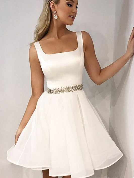 Nell Homecoming Dresses White Beading Square Neck Sleeveless A-Line Cut Short/Mini