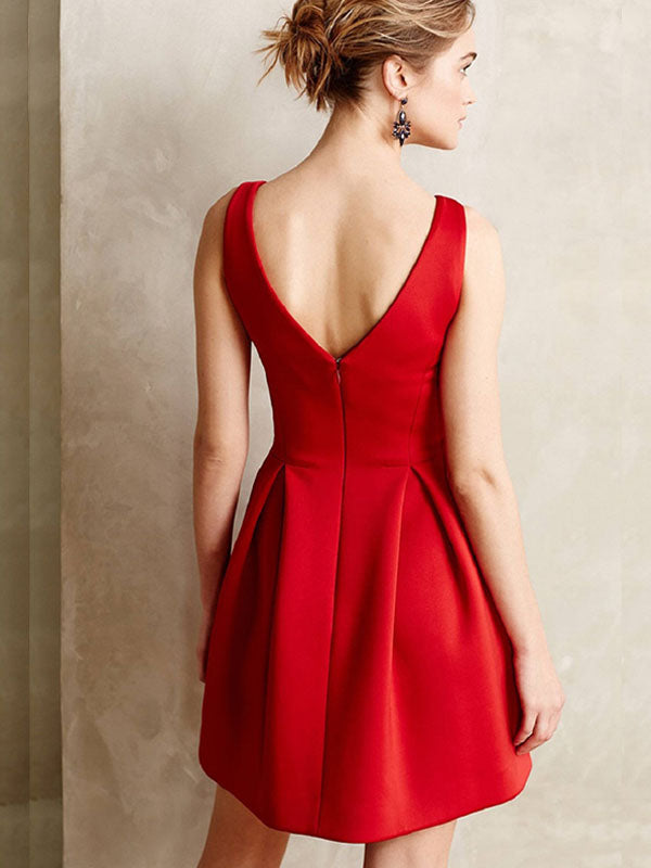 Red V Neck Sleeveless Pleated Cut Short Homecoming Dresses Evelin A-Line Mini