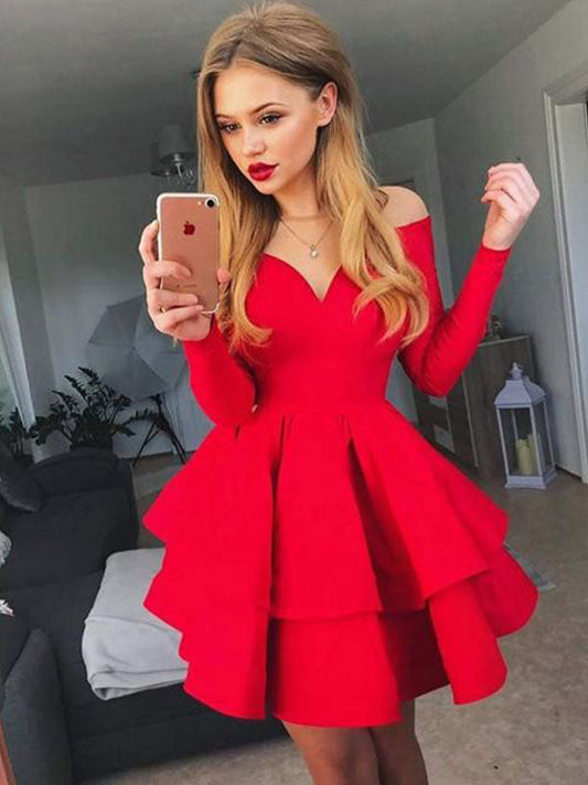 Homecoming Dresses Frida Long Sleeve Sweetheart Off-The-Shoulder Layers Cut Short Mini