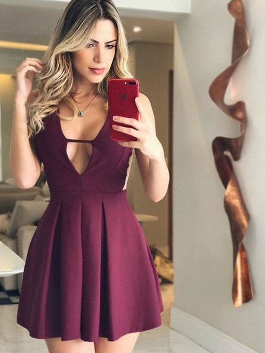 Burgundy Pleated V Neck Sleeveless Cut Short/Mini Miah Homecoming Dresses A-Line