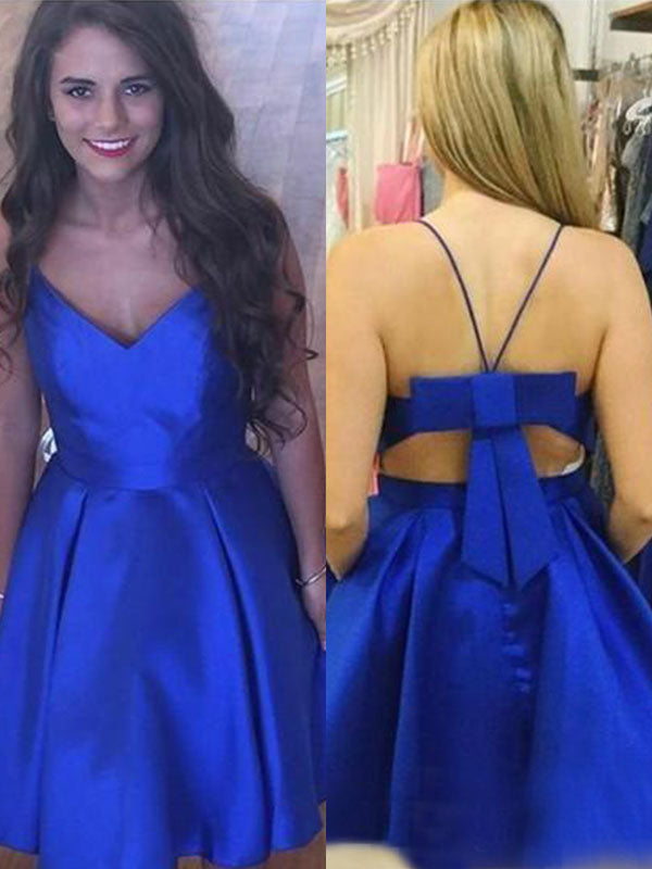 Spaghetti Straps V Homecoming Dresses Satin Royal Blue Rowan Neck Sleeveless Bowknot A-Line