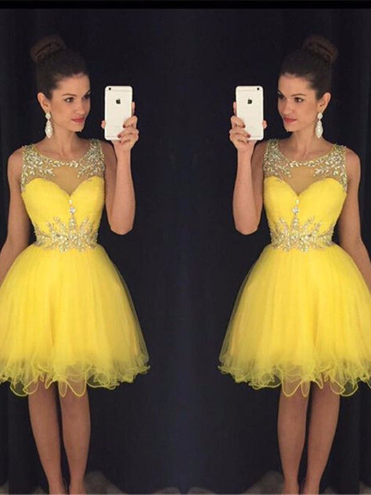 Organza Scoop Neck See Through Sleeveless Beading Ball Gown Harley Homecoming Dresses Knee-Length