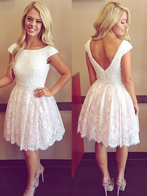 Knee-Length Pearls Homecoming Dresses Elise Lace Beading Scoop Neck V Back