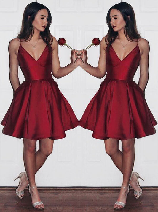 V Neck Sleeveless Spaghetti Imani Satin Homecoming Dresses A-Line Pleated Cut Short Mini