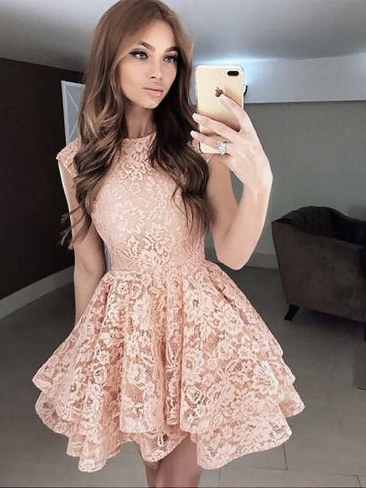 Layers A-Line Lace Homecoming Dresses Lyric Cut Short Mini Jewel Neck Sleeveless