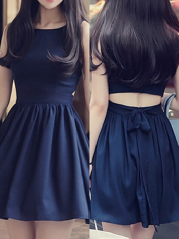 Simple Scoop Neck Sleeveless A-Line Cut Out Back Cristal Homecoming Dresses Cut Short Mini Black