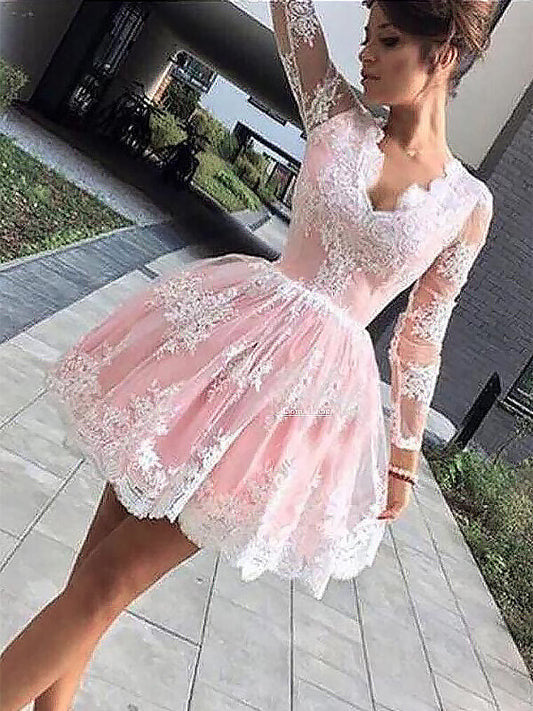 Ball Gown V Neck Long Sleeve Applique Homecoming Dresses Avery Cut Short Mini