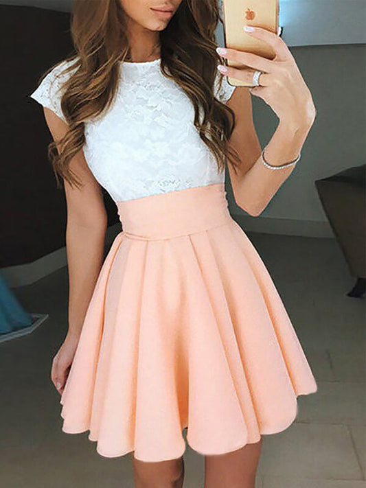 A-Line Scoop Neck Cap Sleeve Cut Homecoming Dresses Mercedes Chiffon Lace Out Back Cut Short/Mini