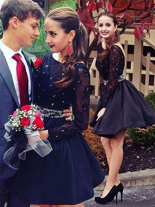 Scoop Neck Long Sleeve Backless Cut Short Mini Lace Haylee Homecoming Dresses Beading Ball Gown