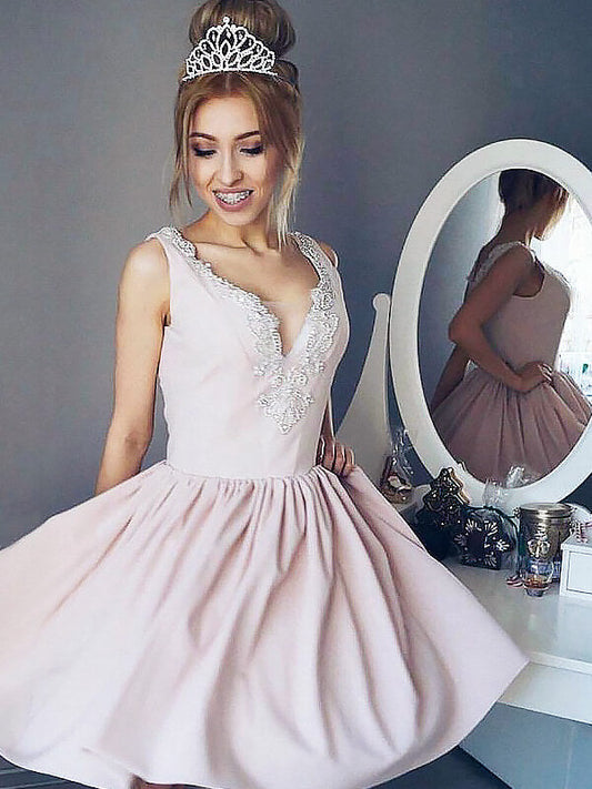 Pale A-Line V Neck Applique Sleeveless Pleated Cut Homecoming Dresses Carly Pink Short Mini