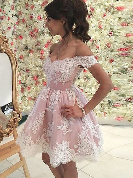 Off-The-Shoulder Erika Homecoming Dresses Lace Cut Short Mini Applique Tulle