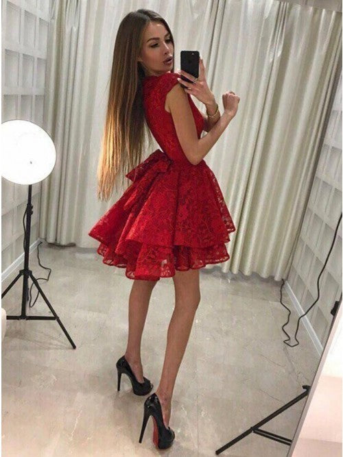 Cap Sleeves Jewel Red Tiered Short Homecoming Dresses Lace A Line Casey Flowers Pleated