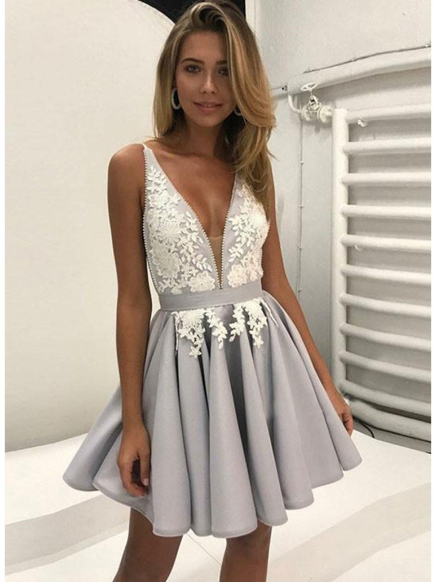 Silver Satin Nataly A Line Lace Homecoming Dresses Deep V Neck Straps Appliques Pleated Flowers