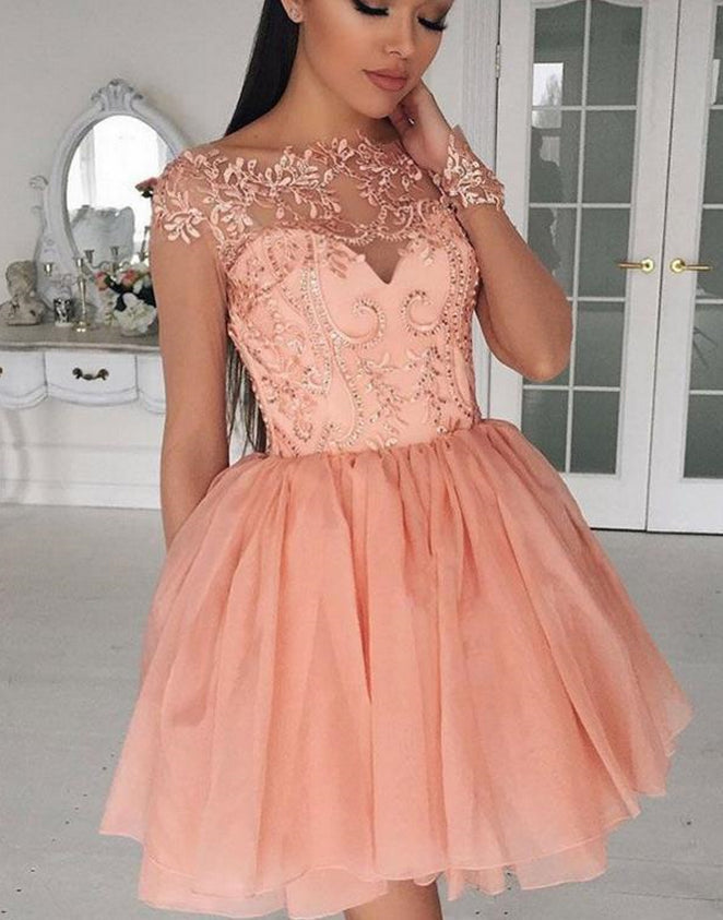 Sweetheart Off The A Line Sharon Homecoming Dresses Chiffon Shoulder Long Sleeve Sheer Beading